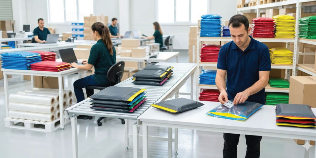 Bir e ticaret firmasında kargolama işlemi, cepli kargo poşeti kullanımı